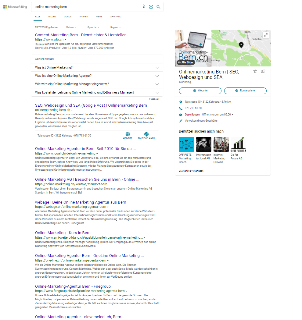 Bing Suche nach ,,Online Marketing Bern'' am 25. April 2021