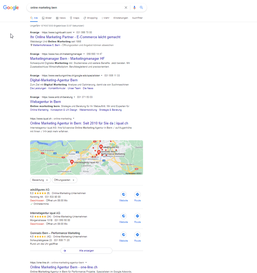 Google Suche nach ,,Online Marketing Bern'' am 25. April 2021