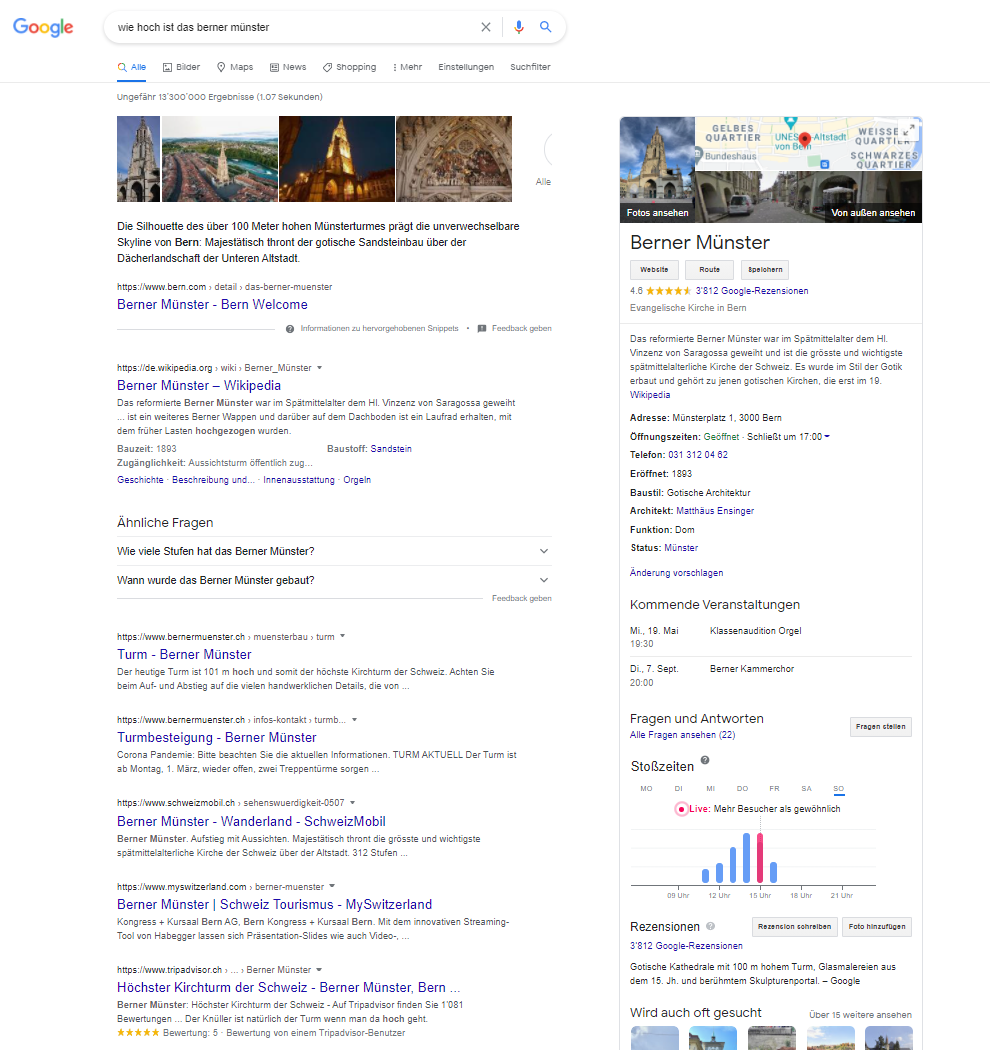 Google Suche nach ,,Wie hoch ist das Berner Münster'' am 25. April 2021