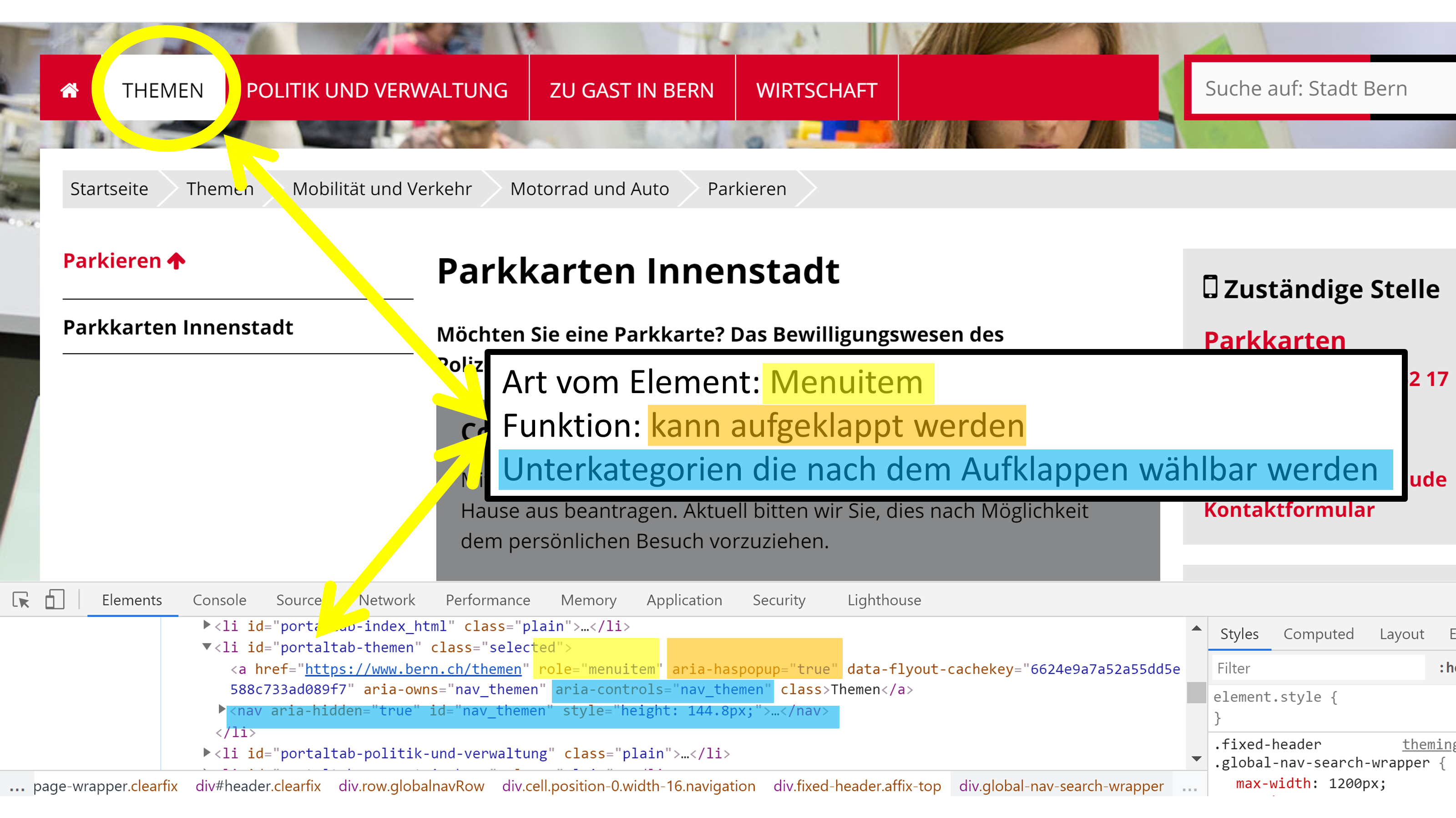 Attribute von HTML-Elementen in der Praxis: Bei der Stadt Bern sind Attribute vorhanden und vom Screenreader erkennbar (Eigene Grafik, in Anlehnung an [34]).