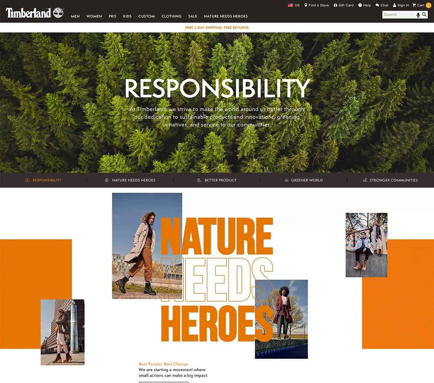 Website von Timberland rund um Responsibility